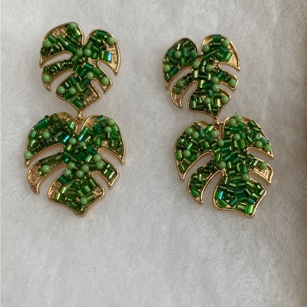 Sugar Green Beaded Monstera Leaf Drop Earrings